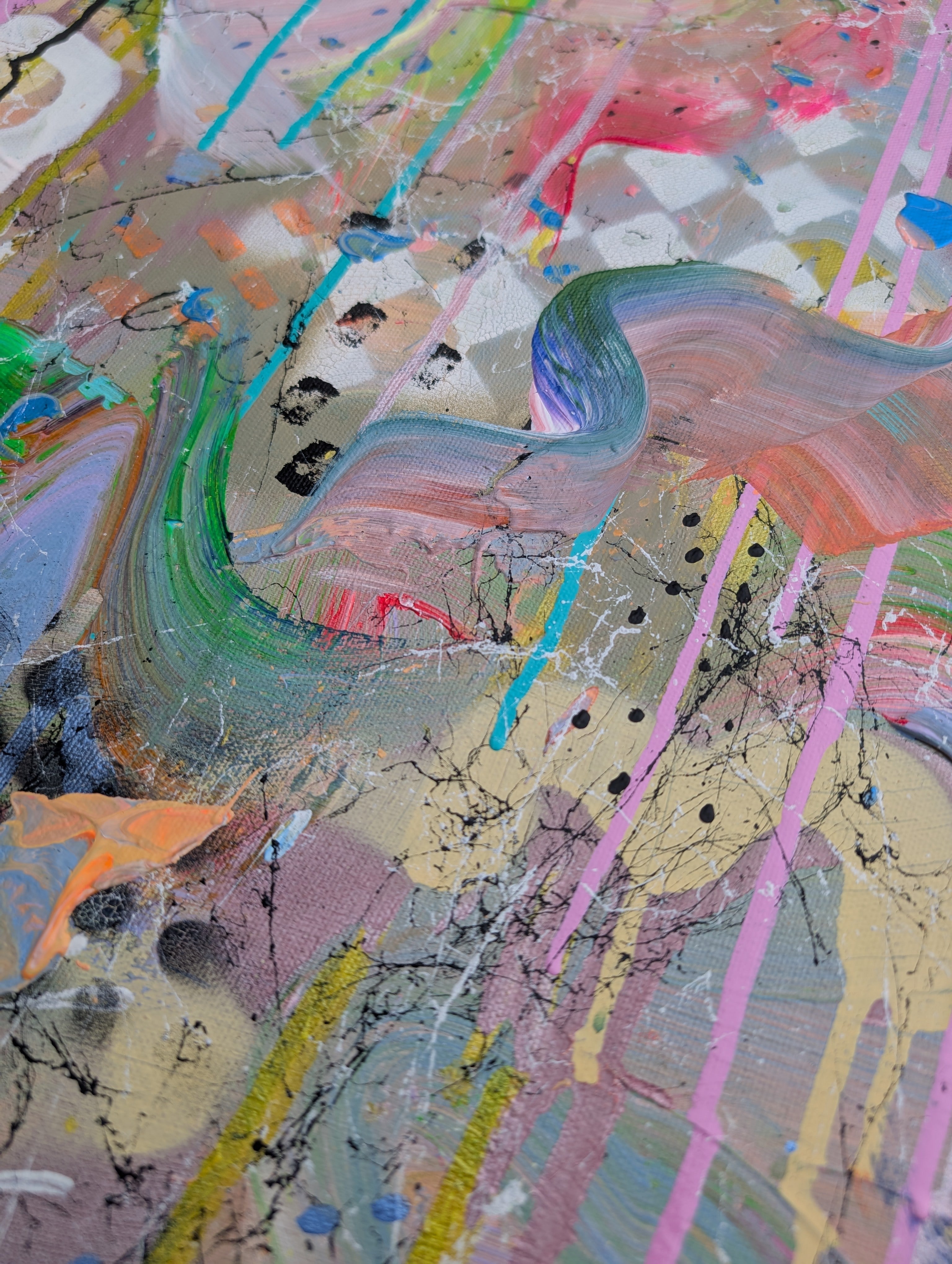 Beautiful abstract colourful painting with splattered paint and geometric patterns