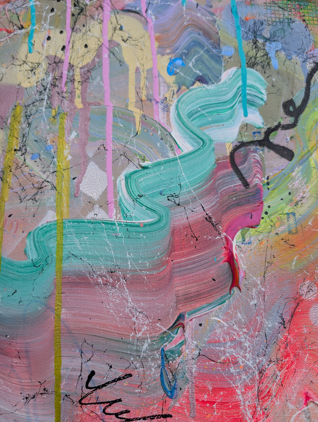 Abstract artwork with wavy lines and splashes of colour