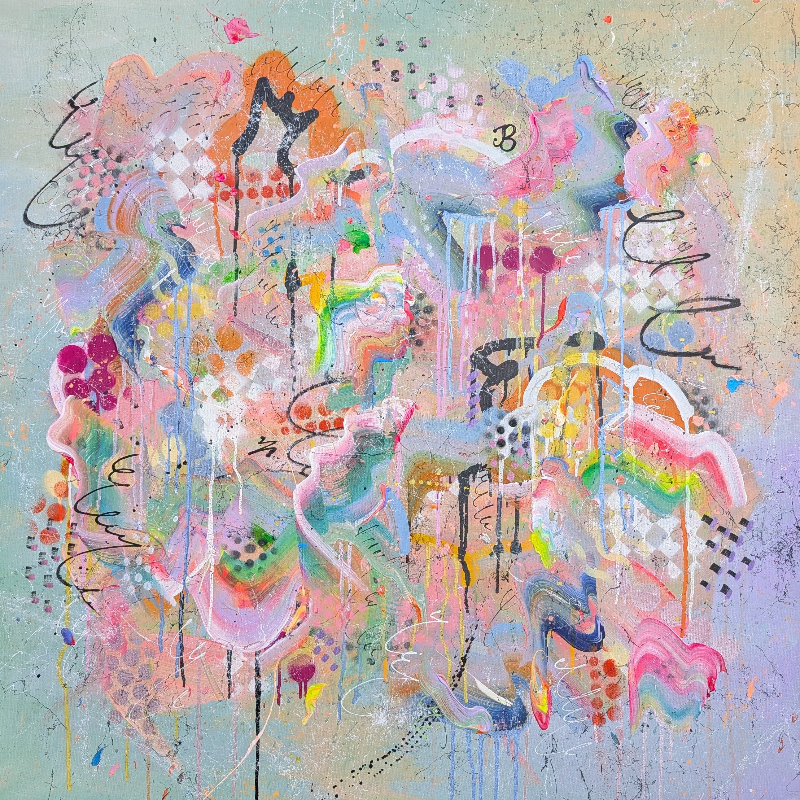 Abstract artwork with vibrant colours and dynamic shapes on a textured background