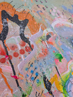 Abstract artwork with colourful splashes and black silhouette figures