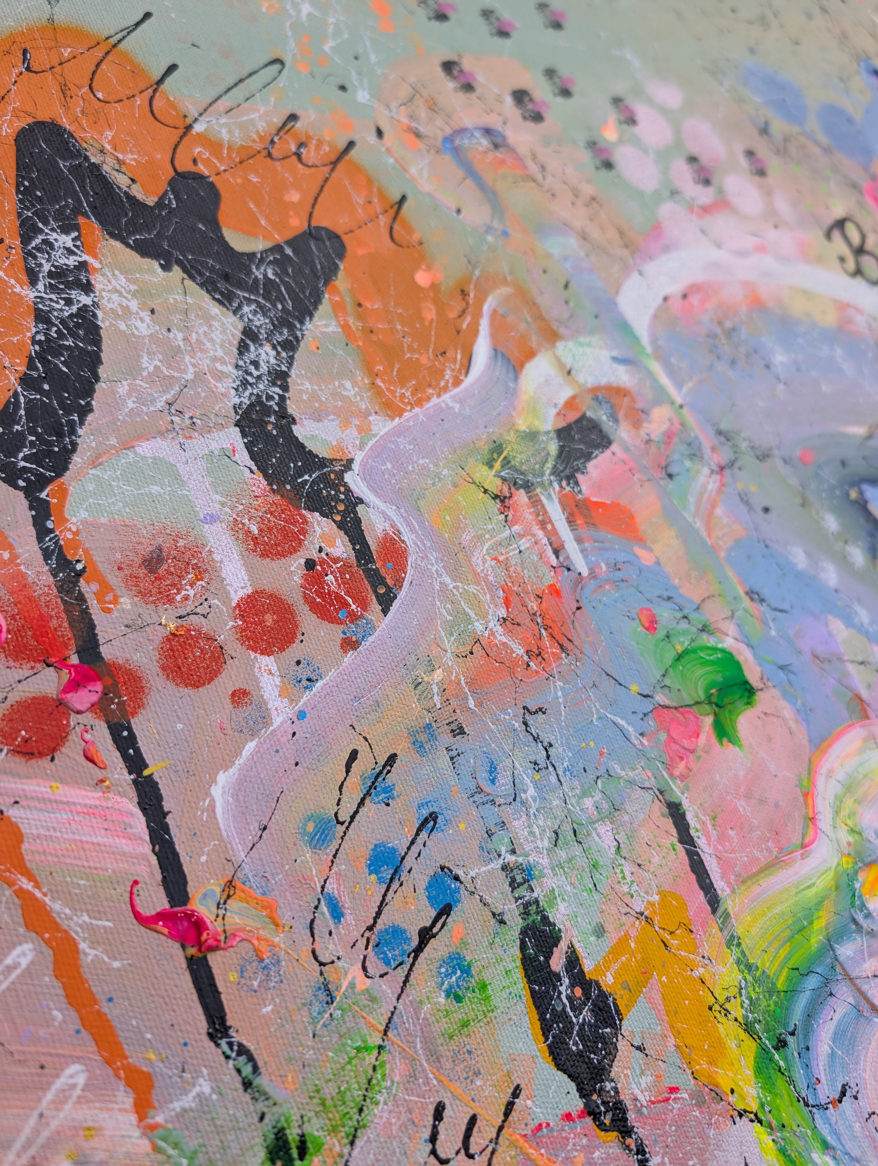 Abstract artwork with colourful splashes and black silhouette figures
