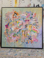 Abstract artwork with colourful splashes on a textured surface