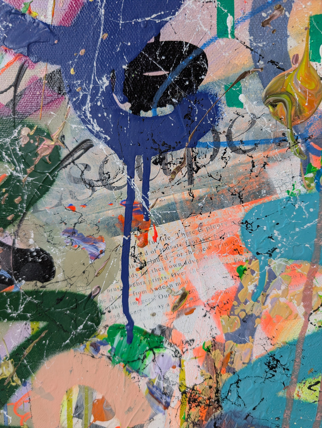 Abstract art piece with colourful splashes and text on a textured background