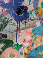 Abstract art piece with colourful splashes and text on a textured background