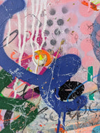 Abstract artwork with a blue figure and colourful background