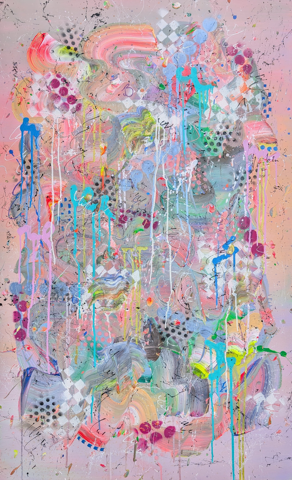 Abstract art piece with colorful splashes and drips on a light background