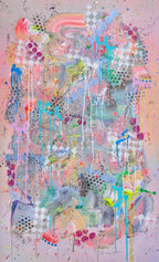 Abstract art piece with colorful splashes and drips on a light background