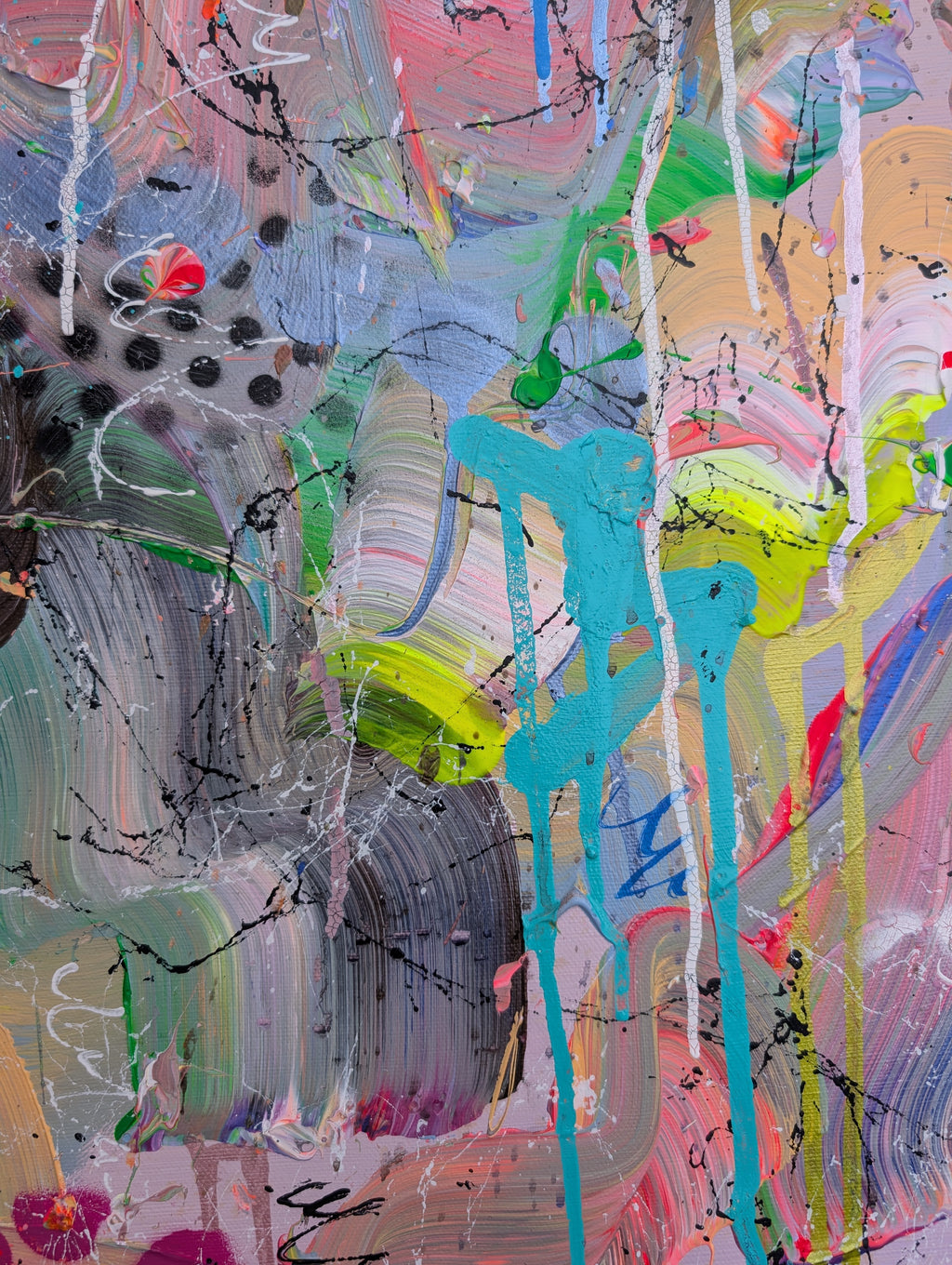 Abstract painting with vibrant colors and dynamic brush strokes
