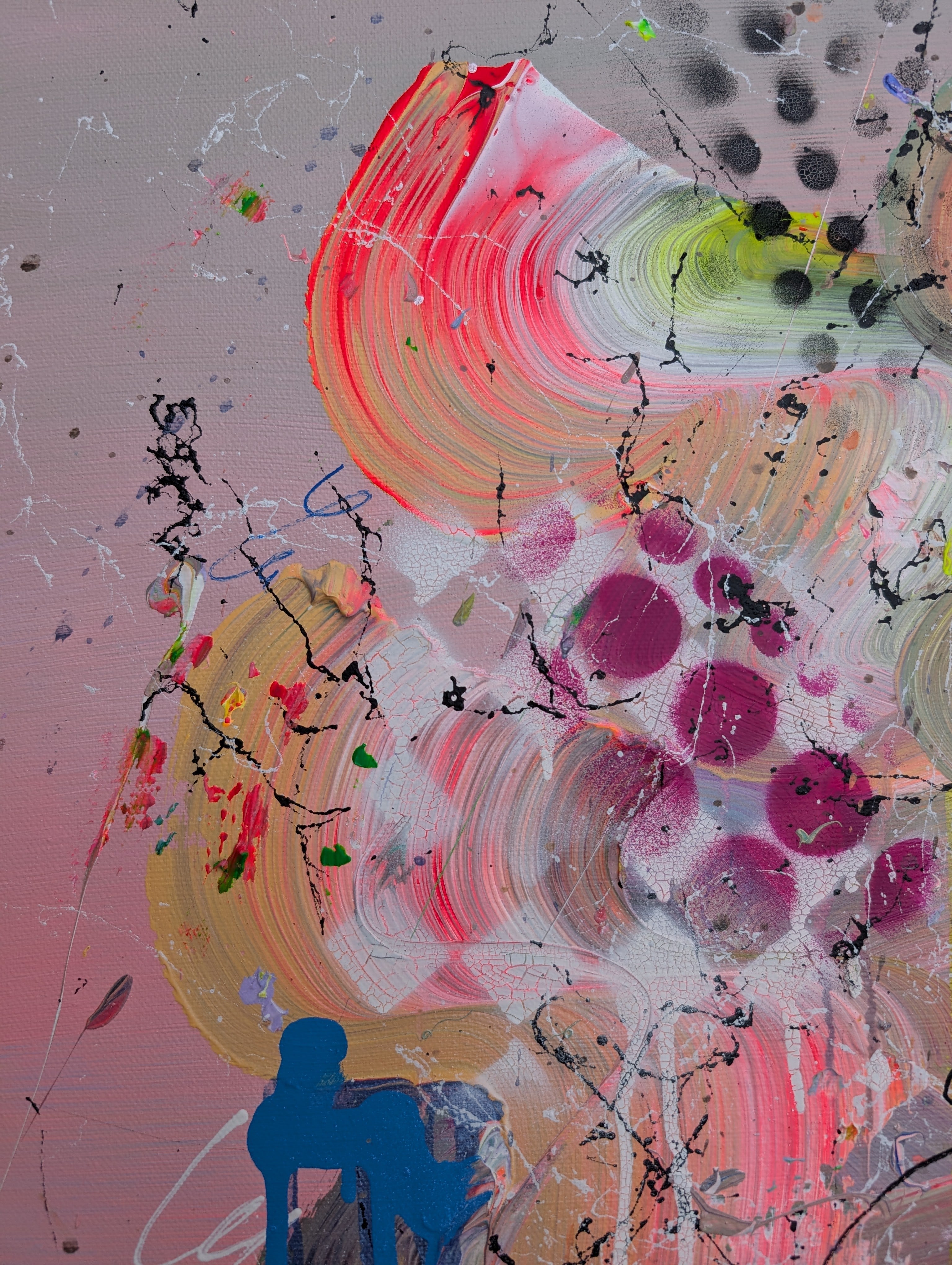 Abstract artwork with vibrant colors and shapes on a gray background