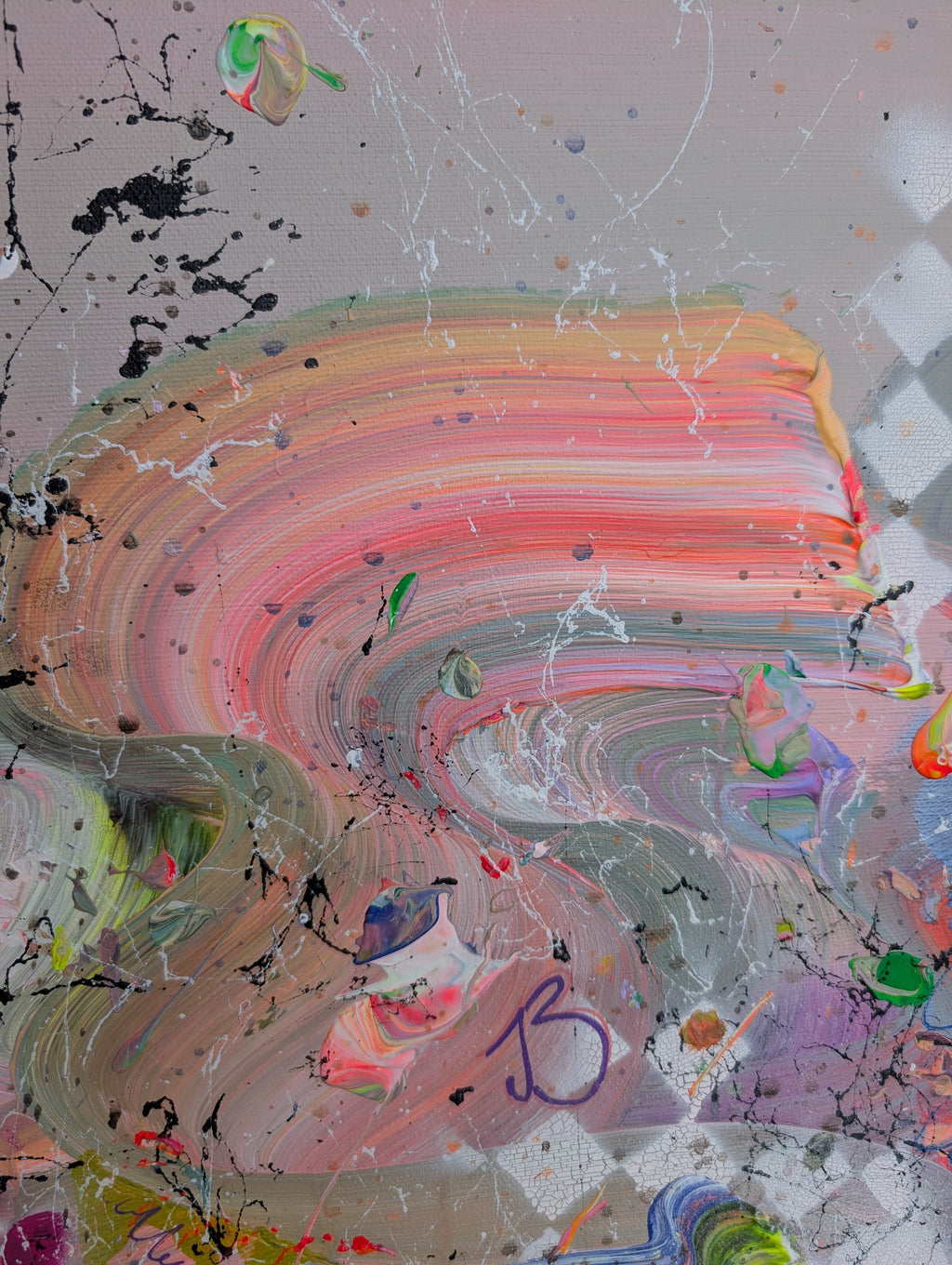 Abstract art with swirling colors and a signature on a textured surface