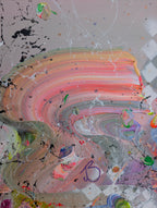 Abstract art with swirling colors and a signature on a textured surface