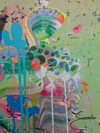 Abstract artwork with colorful splashes and shapes on a light green background