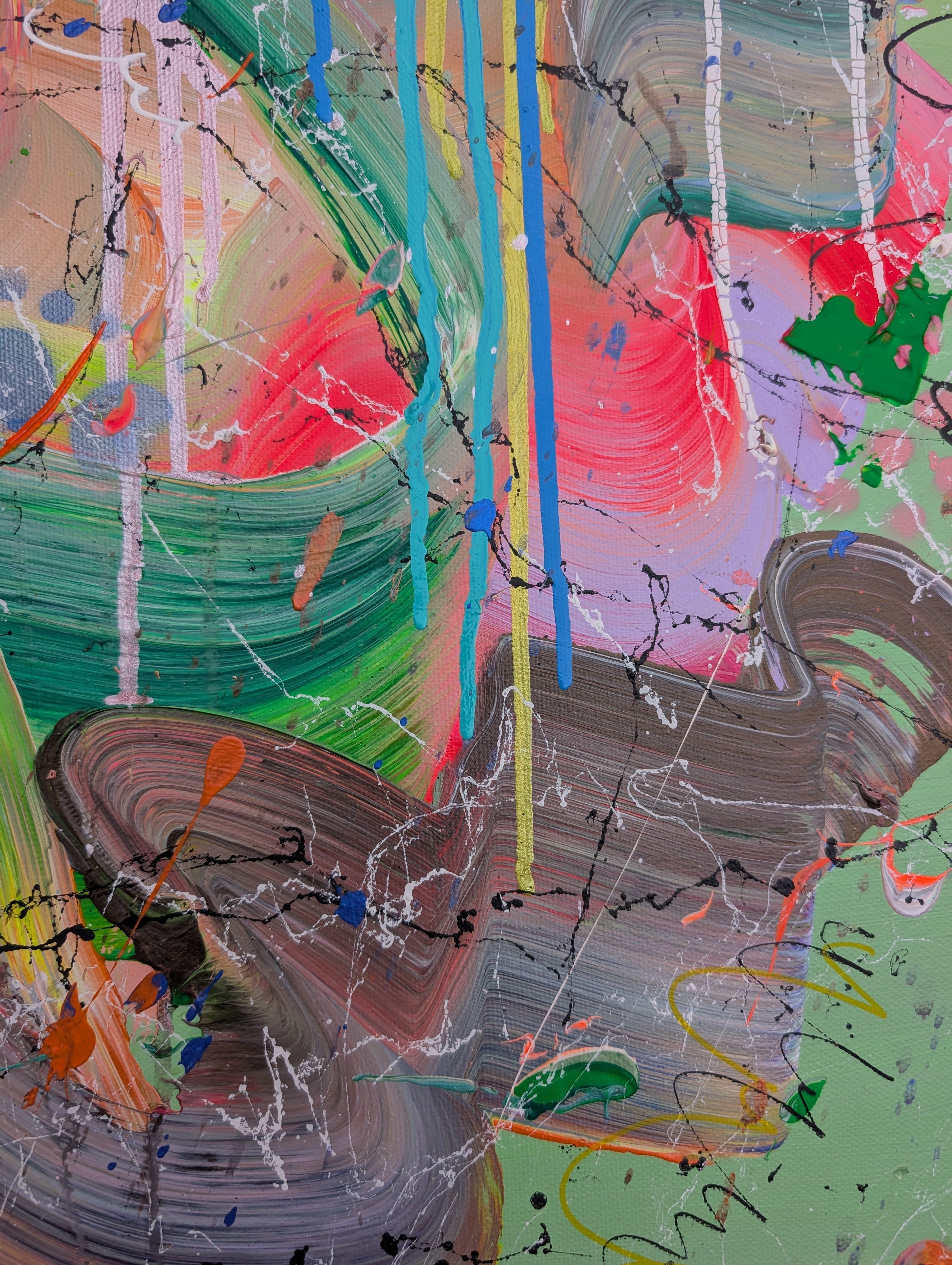 Abstract artwork with multicolored strokes on a textured surface