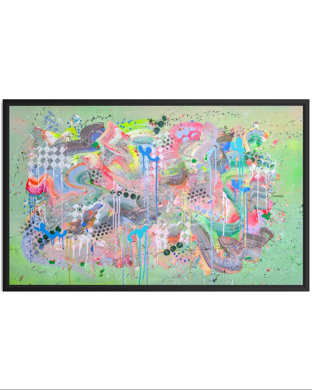 Abstract artwork with colorful splashes on a light green background