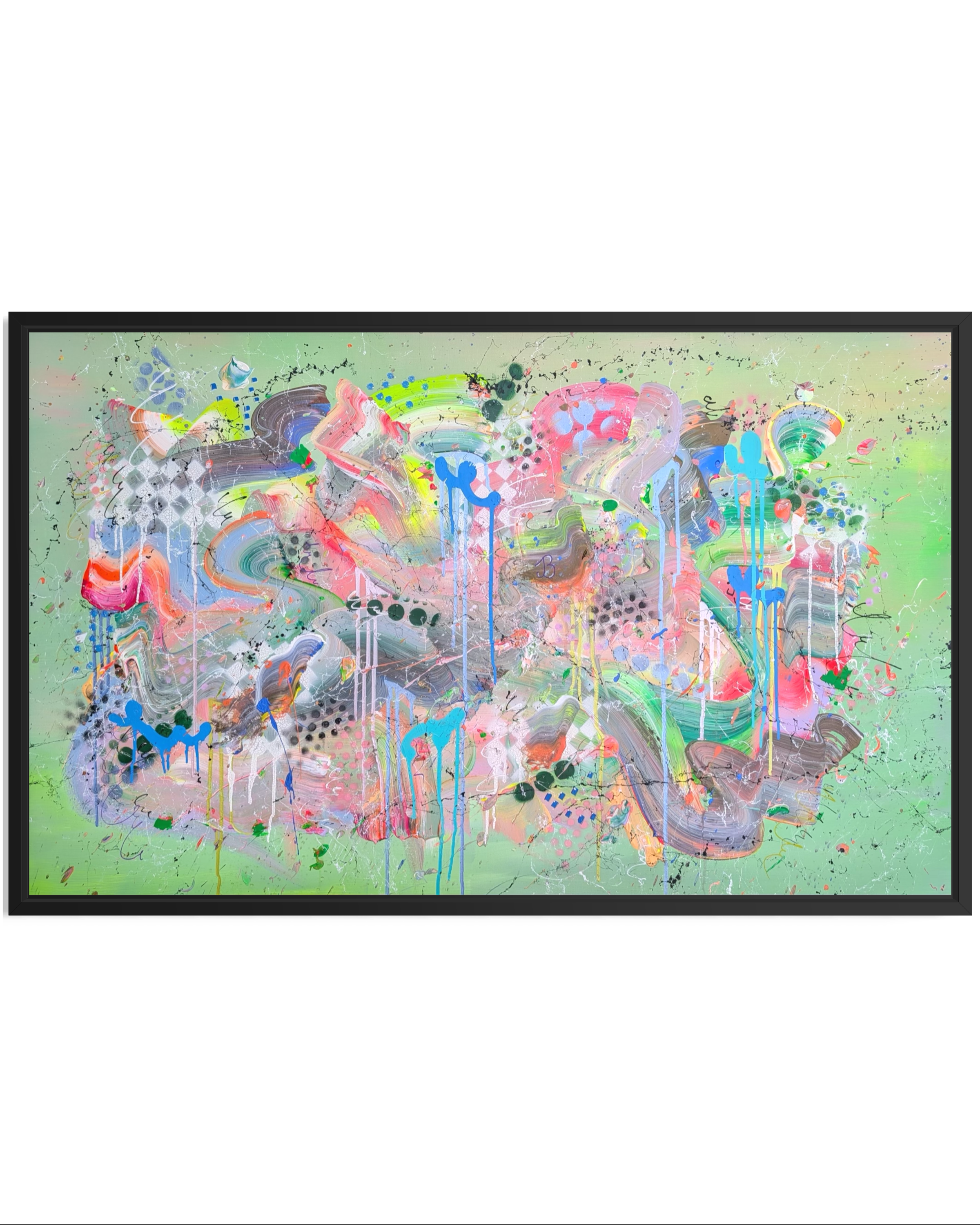 Abstract artwork with colorful splashes on a light green background