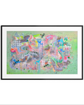 Framed abstract artwork with colorful patterns on a white background