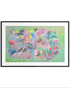 Framed abstract artwork with colorful patterns on a white background