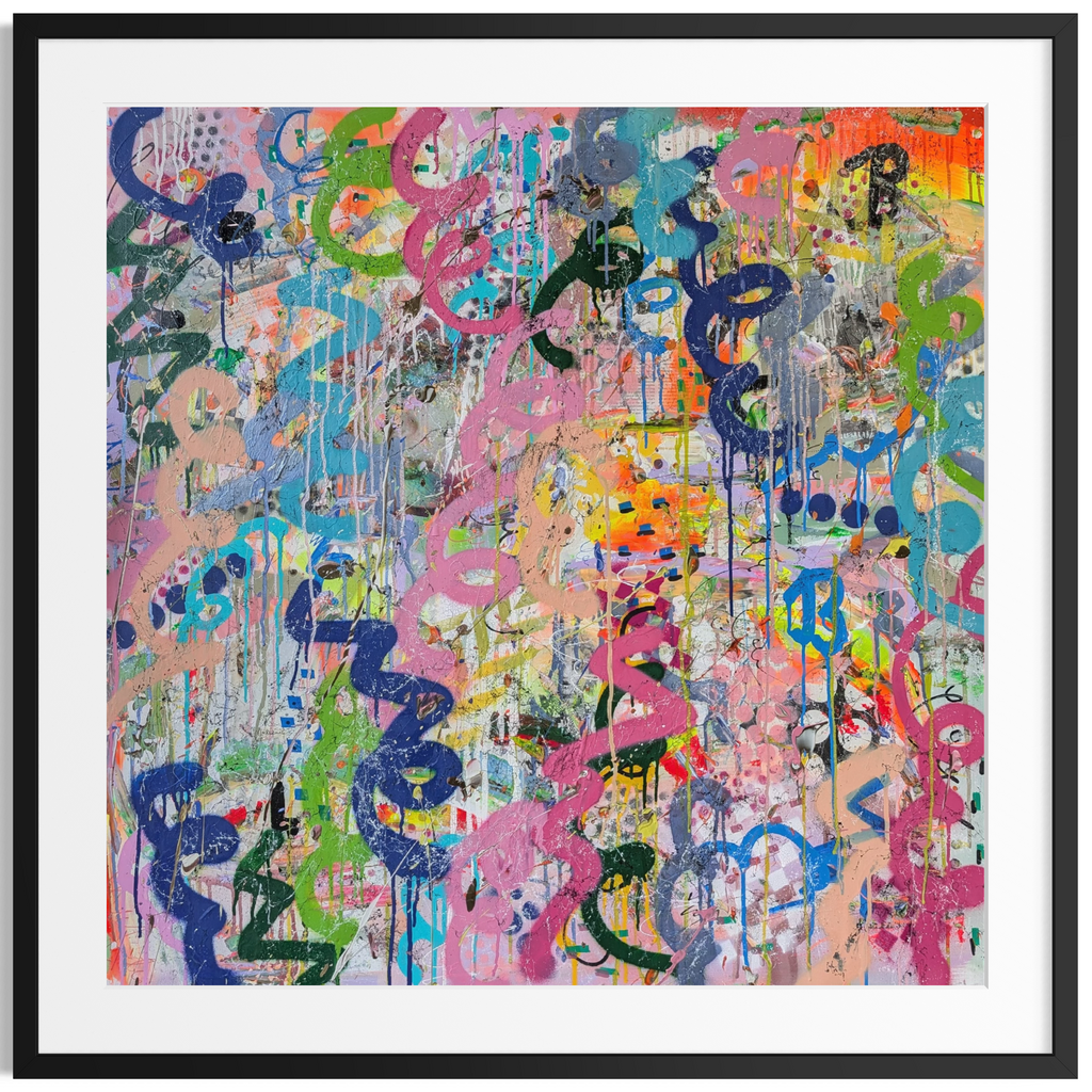 Abstract artwork with colourful abstract figures on a multicolored background