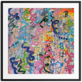 Abstract artwork with colourful abstract figures on a multicolored background