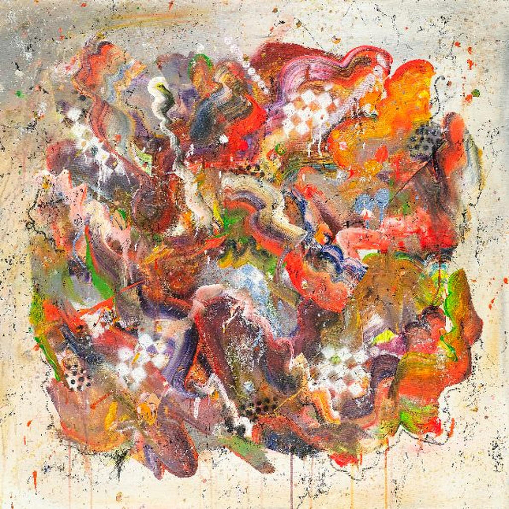 Abstract painting with vibrant colors on a textured beige background