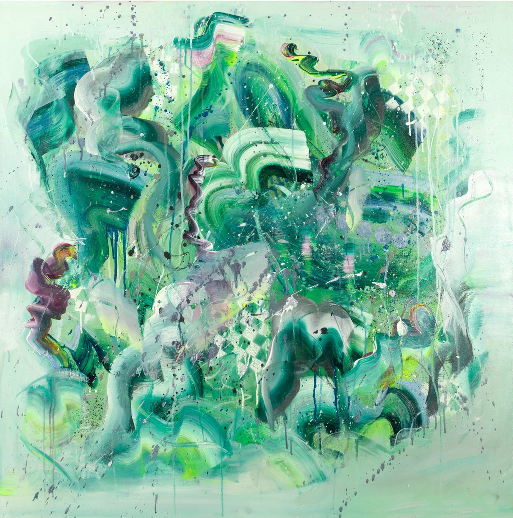 Abstract artwork with green and white colors on a light green background