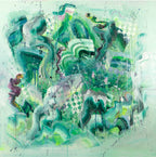 Abstract artwork with green and white colors on a light green background