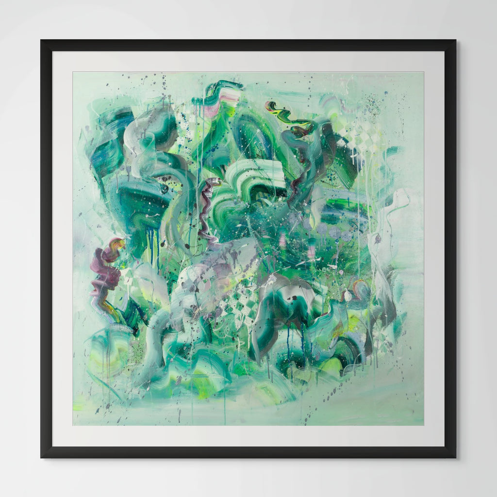 Framed abstract artwork with green and blue tones on a light background