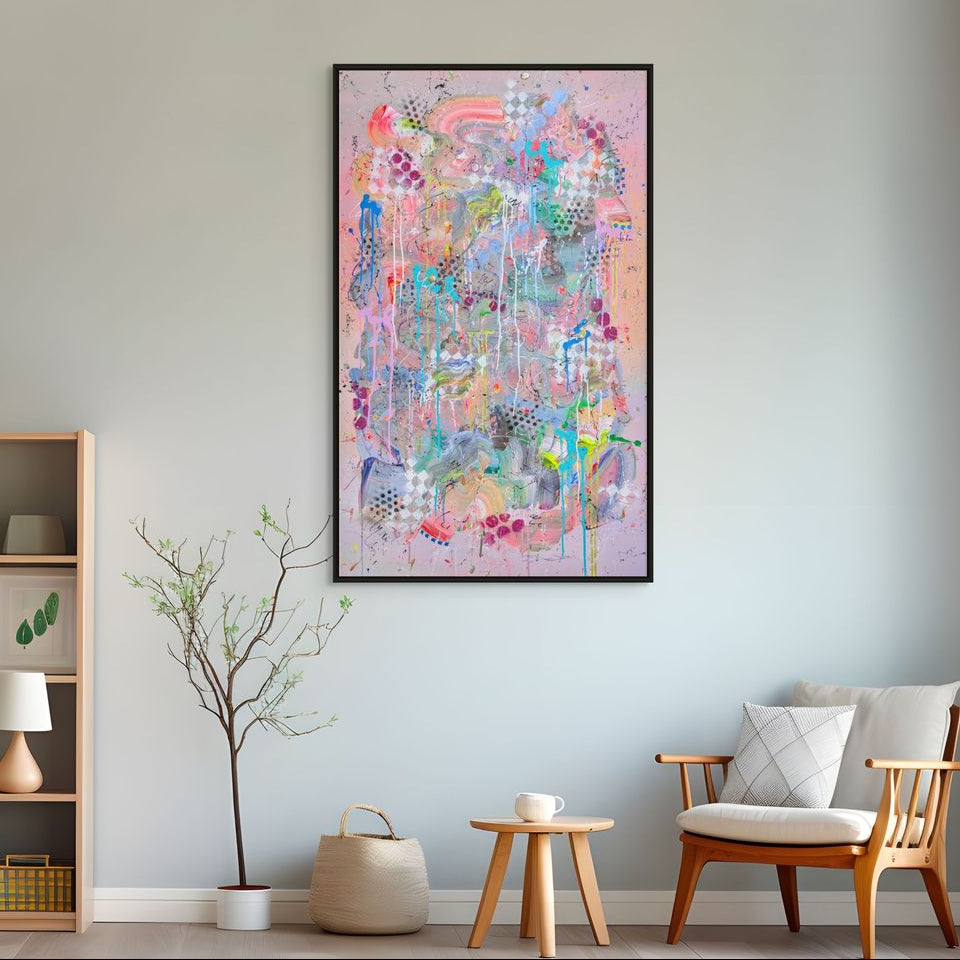 Beautiful abstract painting in pinks in a stylish interior