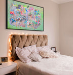Bedroom with a bed, headboard, and colorful abstract painting on the wall.