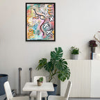 Modern interior with a colorful abstract painting on the wall, white table, chairs, and plants.
